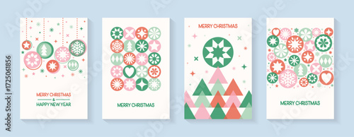 Christmas greeting card set in modern style. Christmas ball, tree and snowflakes. Vector illustration