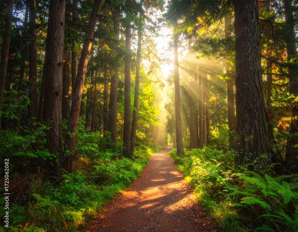Fototapeta premium Sunbeams stream through a lush forest path