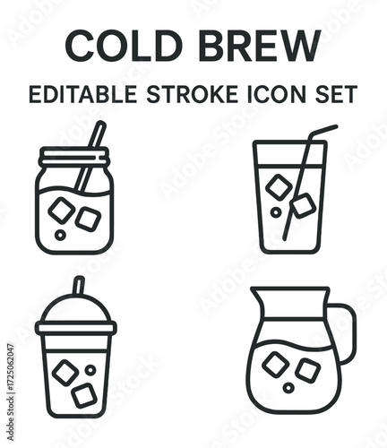 Cold brew icon set illustrating various beverage containers with ice cubes