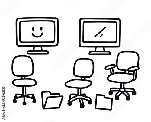 Cartoon office setup with monitors, chairs, and folders