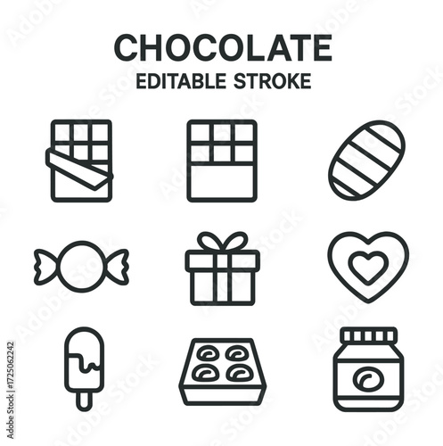 Editable stroke chocolate icons set: candy, bars, heart, gift, ice cream, jar