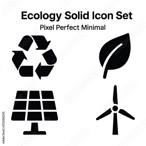 Ecology solid icon set: recycle, leaf, solar panel, wind turbine