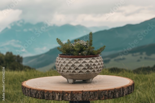 Potted succulent thrives on a rustic wooden table against a backdrop of majestic mountains.