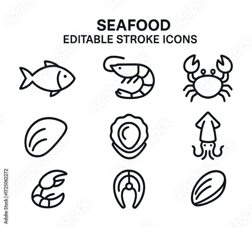 Seafood icon set: fish, shrimp, crab, clam, oyster, squid, lobster, mussel