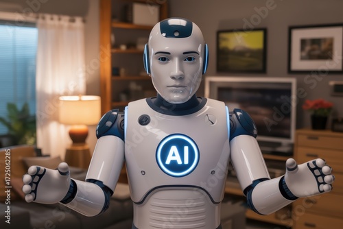 Humanoid robot with AI logo on chest stands in a modern living room, arms open wide.