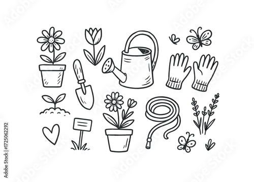 Hand-drawn gardening tools and plants illustration with watering can, gloves, flowers