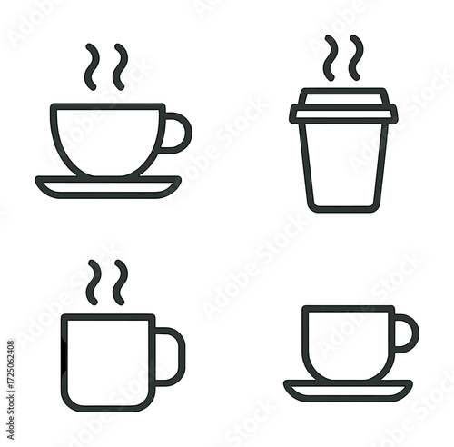 Minimalist coffee cup icon set featuring mugs and to-go cups
