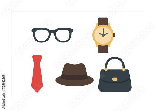 Fashion accessories collection: glasses, tie, hat, watch, and purse illustration