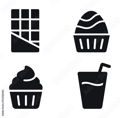 Chocolate bar, cupcake, egg dessert, and drink icon set in black and white