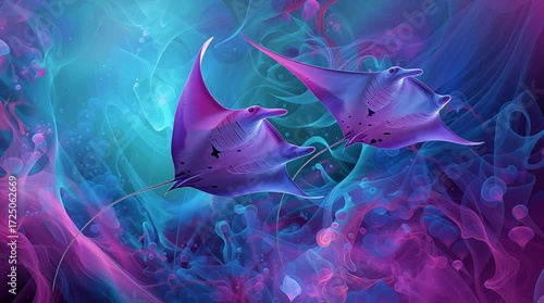 Vidéo artistique de raies manta majestueuses bioluminescentes nageant dans un océan surréaliste