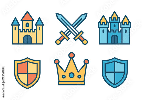 Medieval symbols set: castles, swords, shields, and crown icons