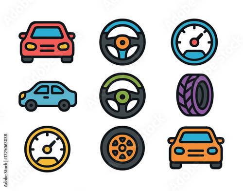 Colorful car icons with steering wheels, speedometers, and tires
