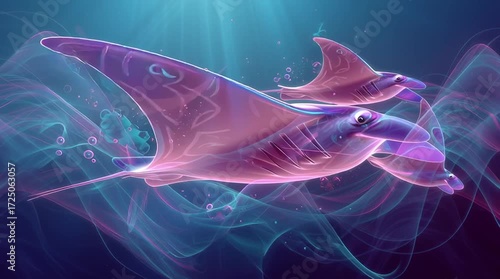 Vidéo artistique de raies manta majestueuses bioluminescentes nageant dans un océan surréaliste