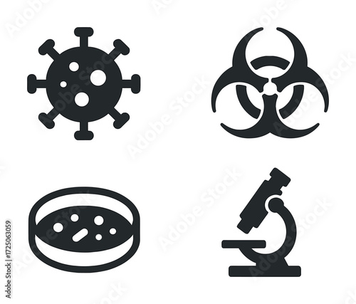 Science icons: virus, biohazard, petri dish, microscope symbols for research