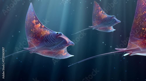 Vidéo artistique de raies manta majestueuses bioluminescentes nageant dans un océan surréaliste