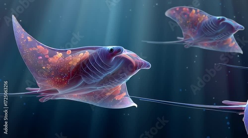 Vidéo artistique de raies manta majestueuses bioluminescentes nageant dans un océan surréaliste
