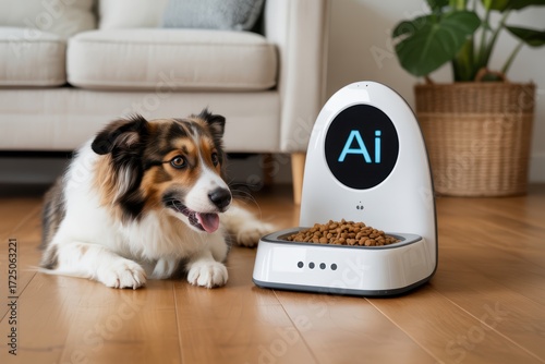Intelligent automatic pet feeder with AI display and happy dog waiting for food