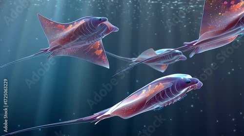 Vidéo artistique de raies manta majestueuses bioluminescentes nageant dans un océan surréaliste