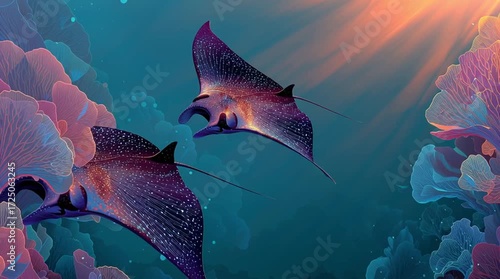 Vidéo artistique de raies manta majestueuses bioluminescentes nageant dans un océan surréaliste