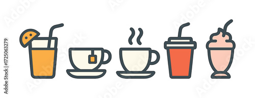 Variety of iconic drinks: juice, tea, coffee, soda, milkshake
