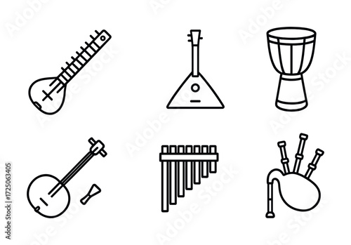 Musical instrument icons: djembe, bagpipes, pipa, balalaika, banjo, pan flute