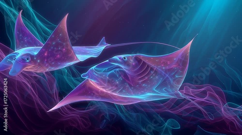 Vidéo artistique de raies manta majestueuses bioluminescentes nageant dans un océan surréaliste
