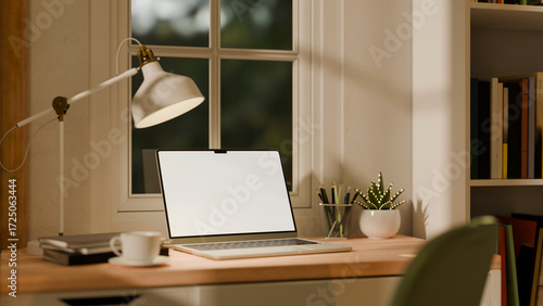 3D rendered modern workspace with laptop, desk lamp, coffee cup, and stationery in a cozy home office