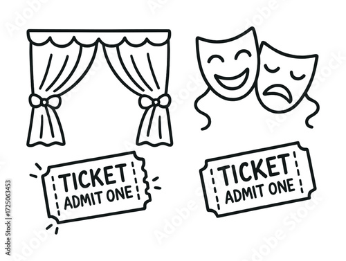 Theater symbols: curtains, masks, admission tickets for drama and comedy