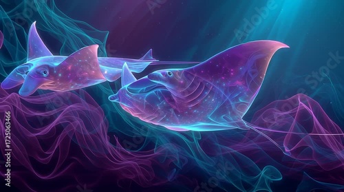 Vidéo artistique de raies manta majestueuses bioluminescentes nageant dans un océan surréaliste