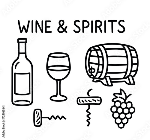 Wine and spirits icons with bottle, barrel, glass, and grapes