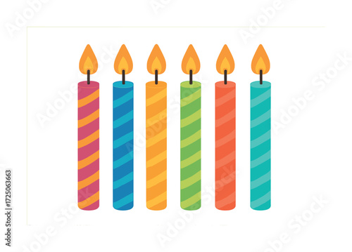Colorful striped birthday candles with flames on white background