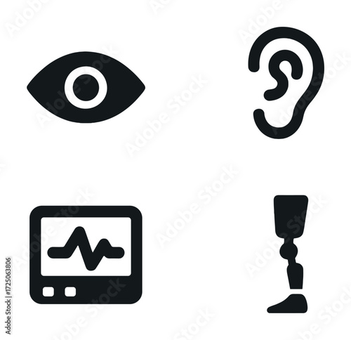 Set of four black icons: eye, ear, heart rate monitor, prosthetic leg