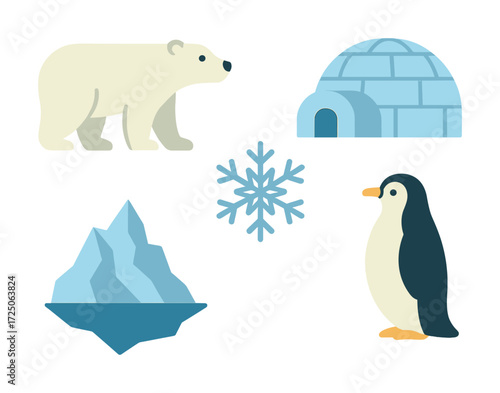 Polar exploration: bear, igloo, snowflake, iceberg, penguin illustrations