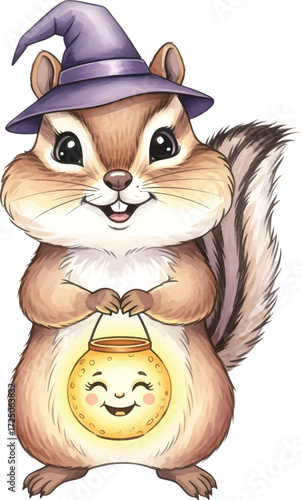 Cute chipmunk wearing a witch hat and holding a pumpkin lantern.