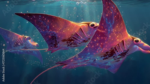 Vidéo artistique de raies manta majestueuses bioluminescentes nageant dans un océan surréaliste