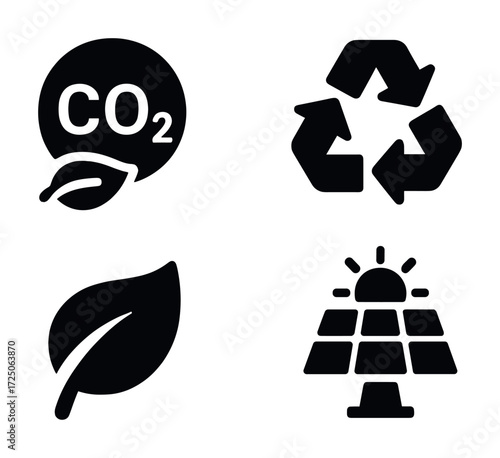 Sustainability icons: co2 emission, recycling, leaf, solar panel