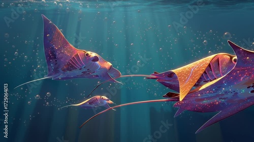 Vidéo artistique de raies manta majestueuses bioluminescentes nageant dans un océan surréaliste