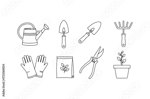Simple Garden Equipment Icon Collection: Black and White Trowel, Rake, Gloves, Watering Can, Seeds