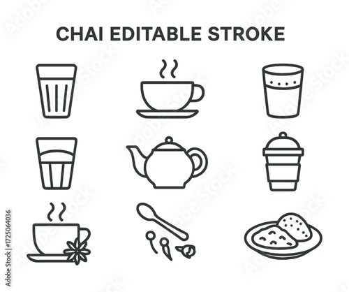 Chai and teaware line icons: glass, cup, kettle, biscuit, spoon set