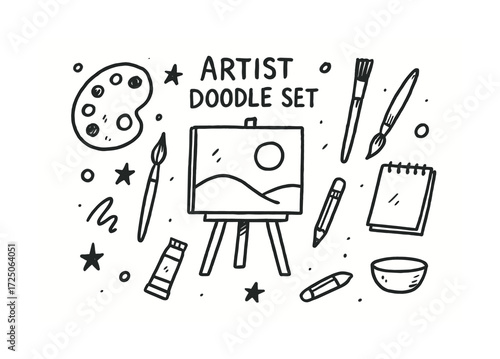Hand-drawn artist doodle set with easel, paintbrushes, palette, and sketchbook