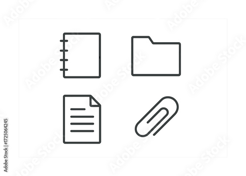 Minimalist office icons set featuring notepad, folder, document, and paperclip