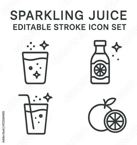 Sparkling juice icon set with glass, bottle, orange symbols in editable stroke style
