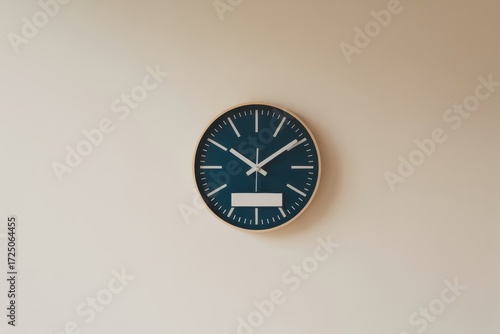 Simple dark blue wall clock with white hands against a neutral background, representing time and punctuality.