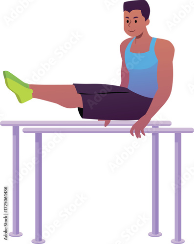 Athlete in sportswear does pull up exercise, vector flat sportsman doing handstand on horizontal bar in street workout