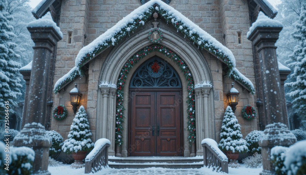 Obraz premium Snow covered church entrance adorned with festive wreaths and garlands creates serene winter scene. stone architecture and wooden doors add historic charm, enhanced by surrounding snow dusted