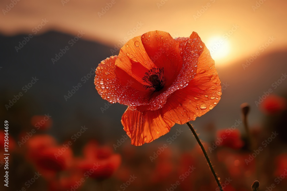 Obraz premium Red Poppy Flower at Sunset in a Field