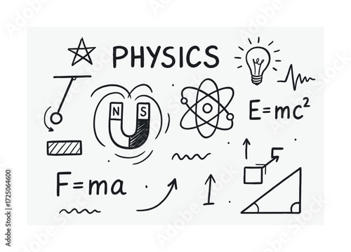 Physics concepts: illustrated physics symbols and formulas with iconic science elements