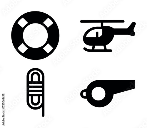 Emergency symbols: lifebuoy, helicopter, whistle, paperclip icons set