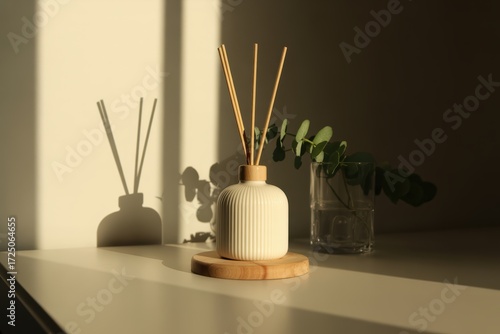 Minimalist aroma diffuser with reeds and eucalyptus in soft sunlight, creating a calming atmosphere.