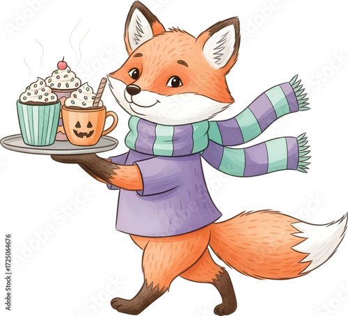 Cartoon fox carrying a tray with cupcakes and a drink.